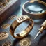 a gold ring with numbers and a magnifying glass