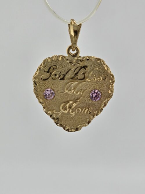 Vintage 14K Gold Heart Pendant with Pink CZ Stones - Front View