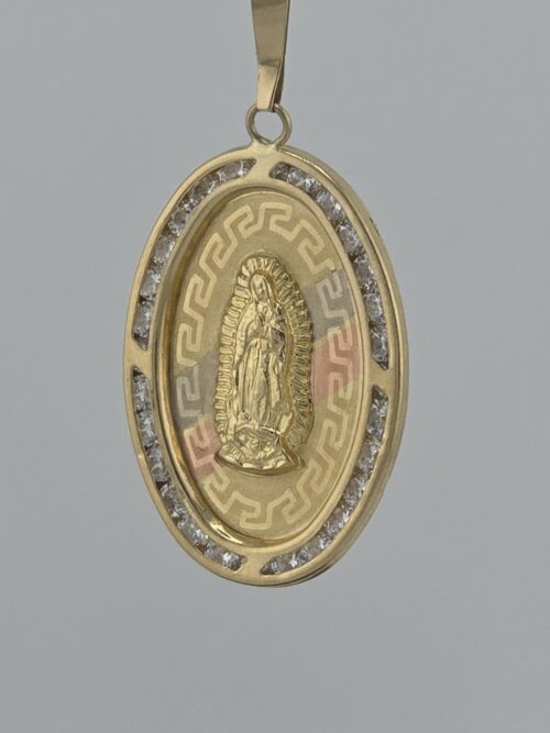 Vintage 10K Yellow Gold Virgin Mary Pendant with CZ Accents - Front View