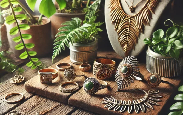 Sustainable jewelry collection featuring vintage gold and silver pieces with plants in background